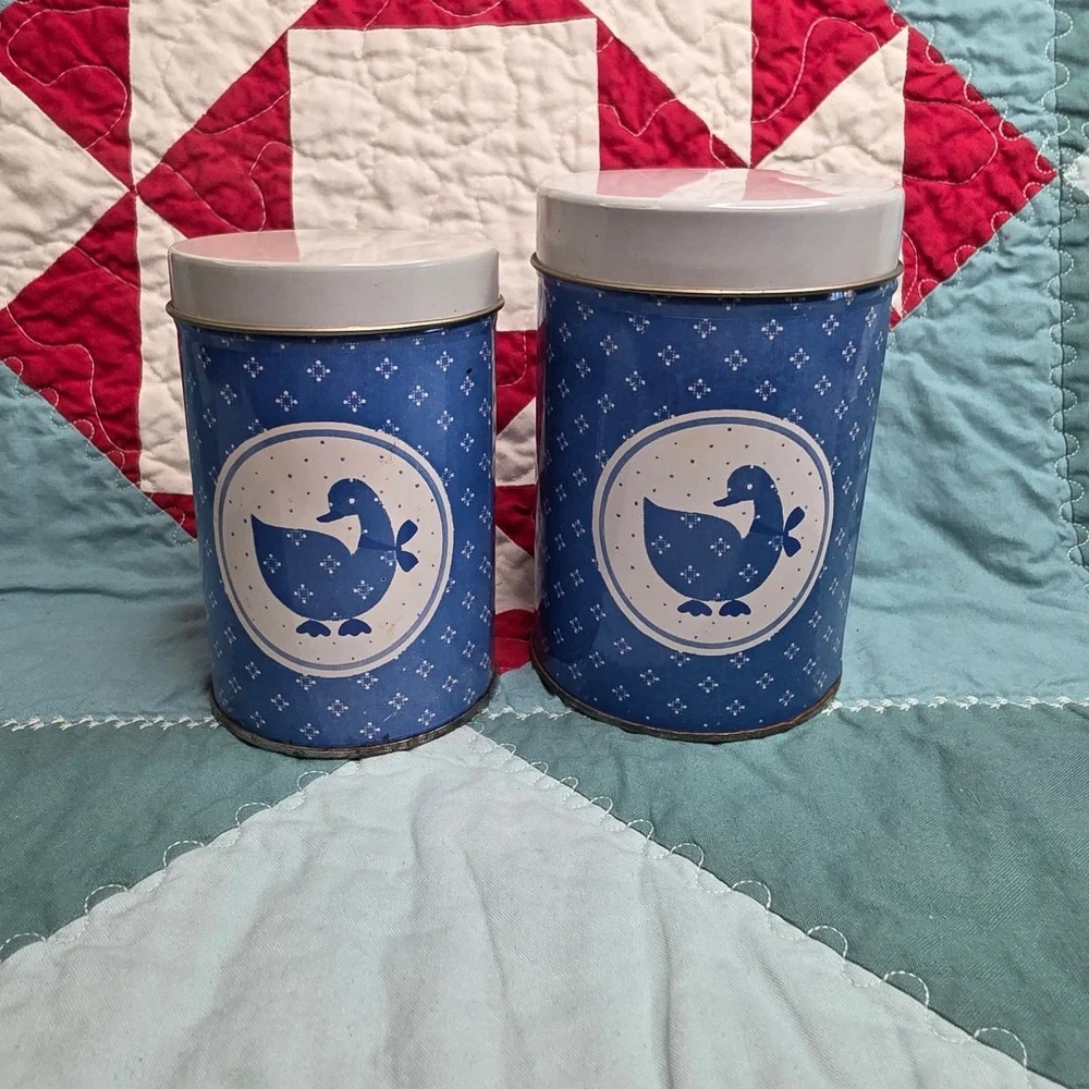 Vintage Blue Goose Nesting Tin Canisters Set of 2 Country Kitchen Decor